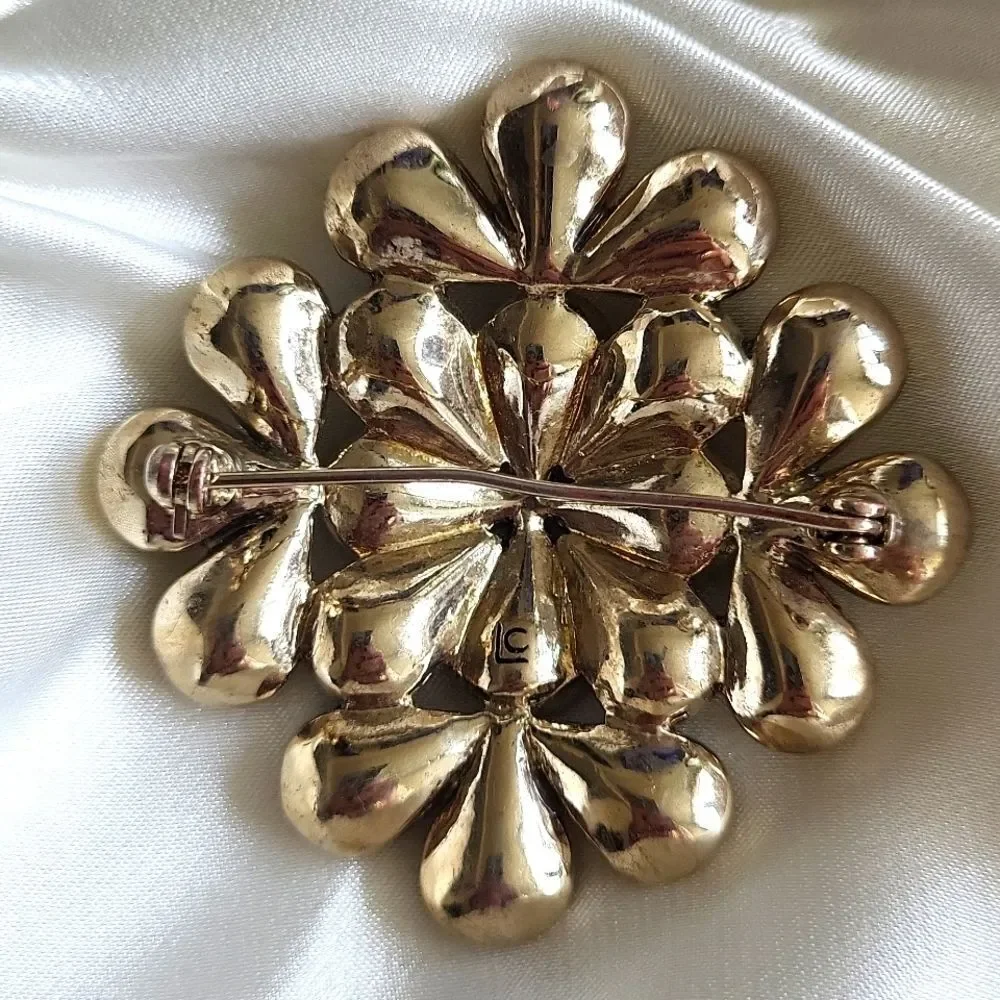 Vintage LC Signed Flower Brooch – 1960s Glam Statement Pin💛💎